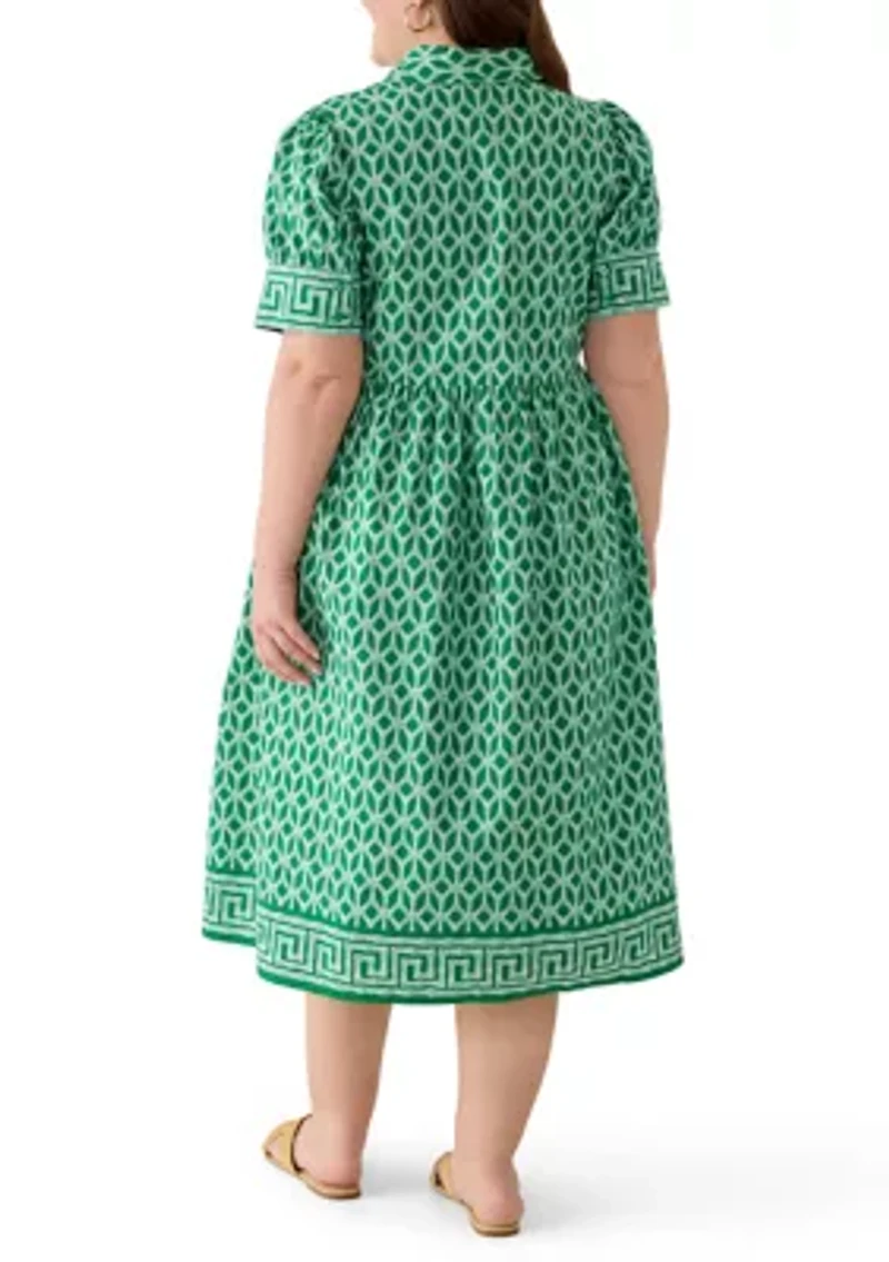 Plus Short Sleeve Button Front Midi Shirt Dress