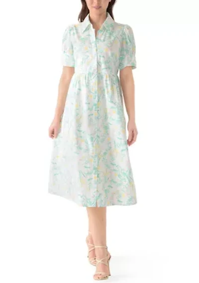 Petite Short Puff Sleeves Button Front Collared Printed Dress