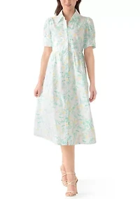 Petite Short Puff Sleeves Button Front Collared Printed Dress