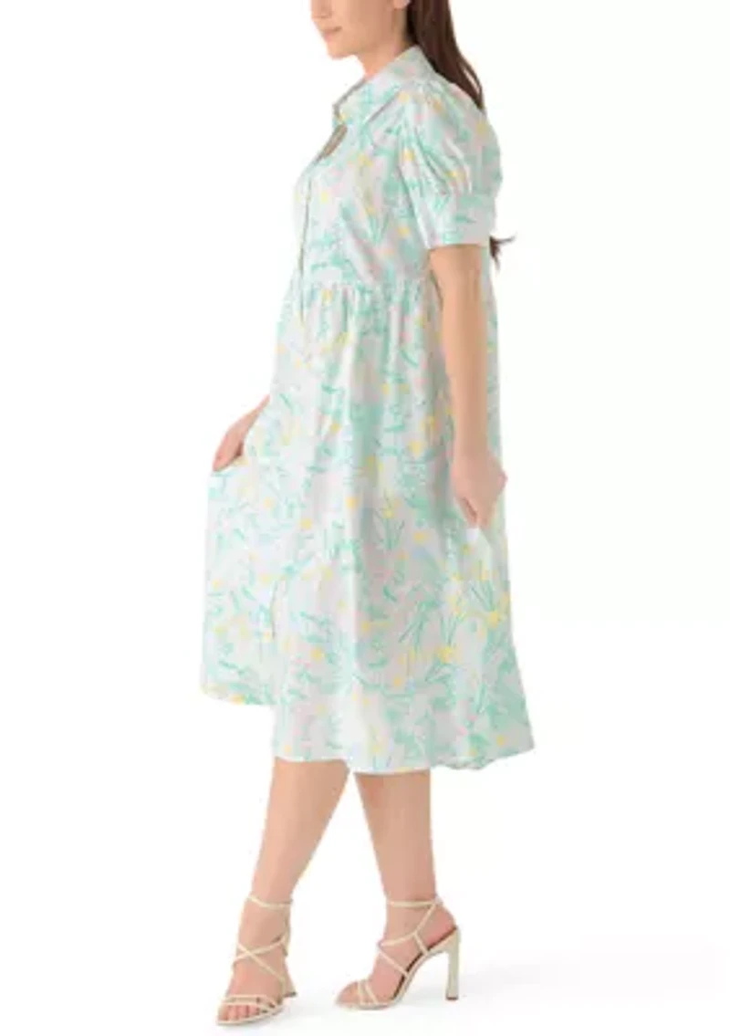 Petite Short Puff Sleeves Button Front Collared Printed Dress