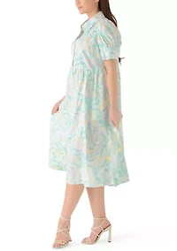 Petite Short Puff Sleeves Button Front Collared Printed Dress