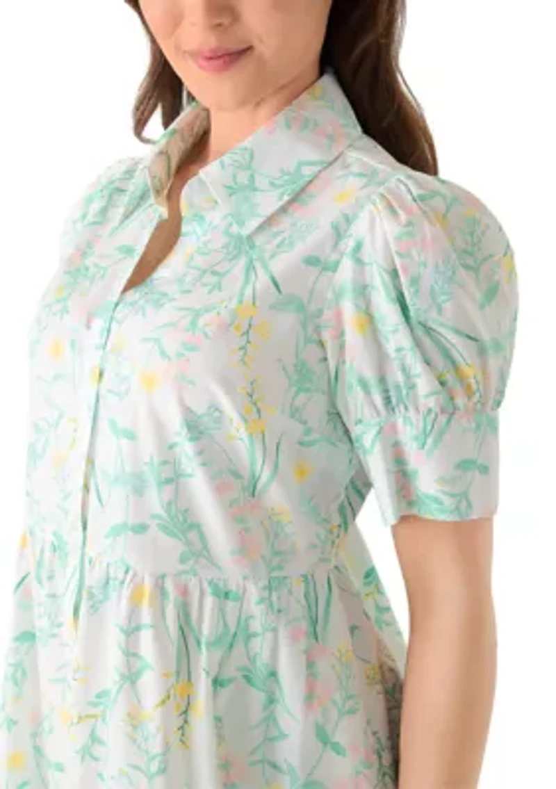 Petite Short Puff Sleeves Button Front Collared Printed Dress