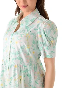 Petite Short Puff Sleeves Button Front Collared Printed Dress