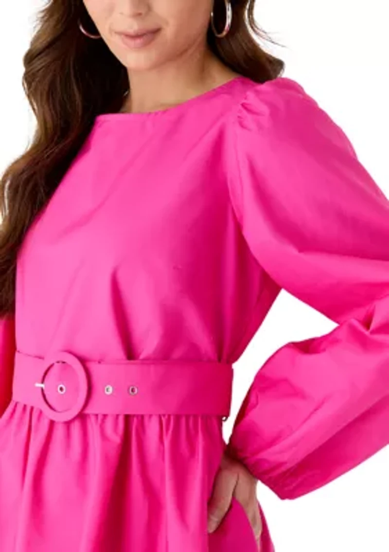 Petite Long Sleeve Poplin Mini Swing Dress