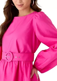 Petite Long Sleeve Poplin Mini Swing Dress