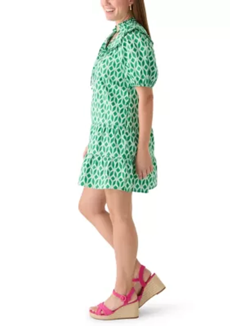 Petite Short Puff Sleeve Ruffle Yoke Dress