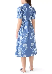 Petite Short Sleeve Button Front Cotton Floral Collared Dress