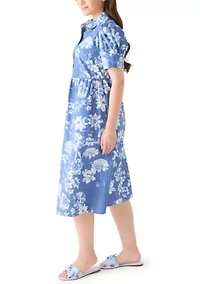 Petite Short Sleeve Button Front Cotton Floral Collared Dress