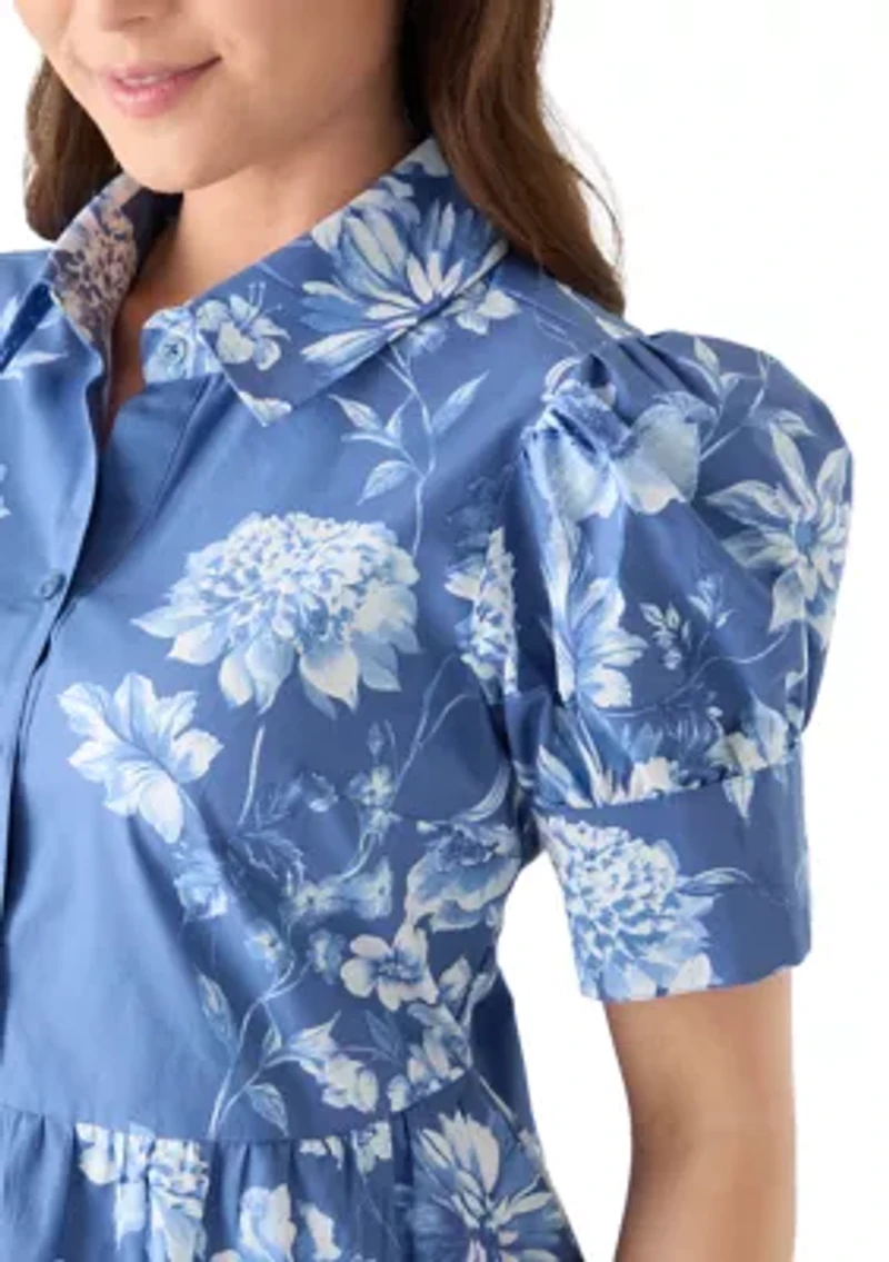 Petite Short Sleeve Button Front Cotton Floral Collared Dress