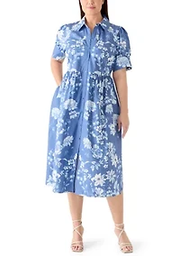 Women's Short Sleeve Button Front Midi Shirt Dress