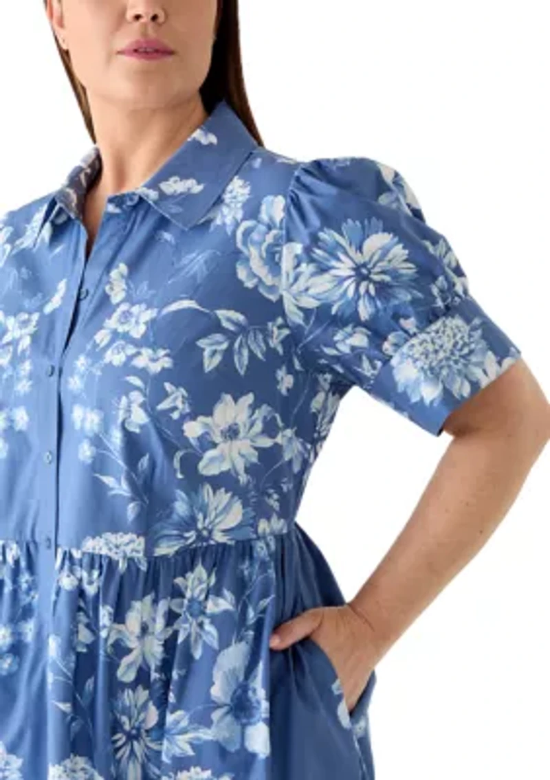 Women's Short Sleeve Button Front Midi Shirt Dress