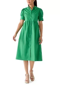 Women's Puff Sleeve Button Front Poplin Shirtdress