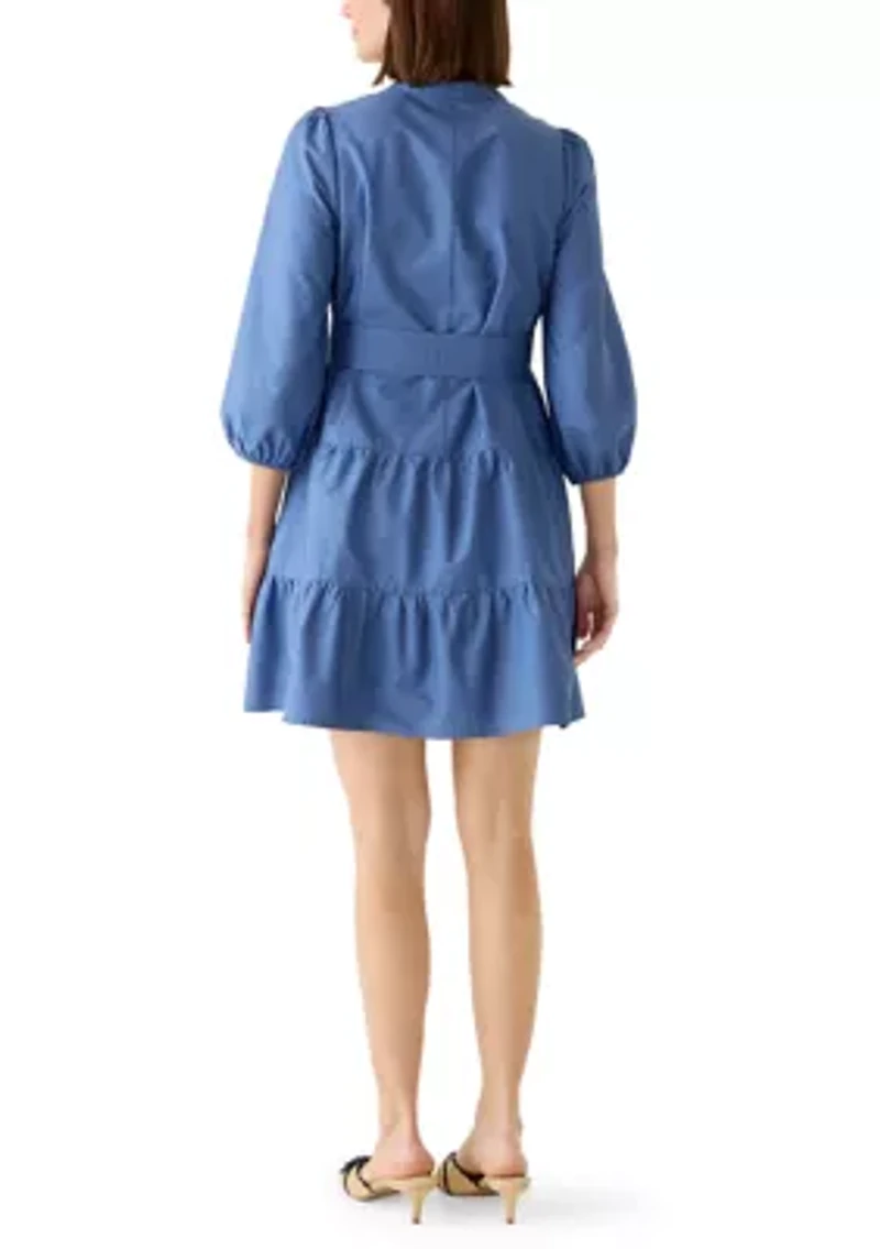 Women's 3/4 Sleeve Belted Peasant Dress