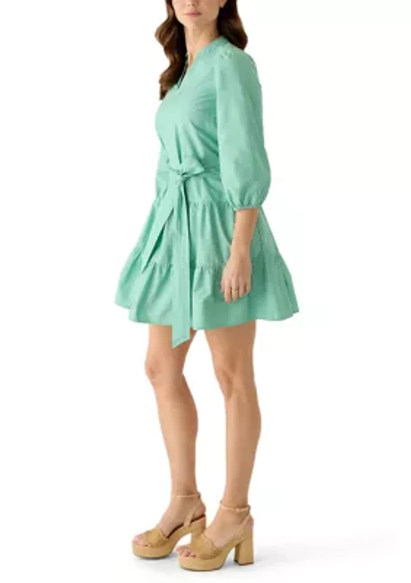 Women's 3/4 Sleeve Belted Peasant Dress