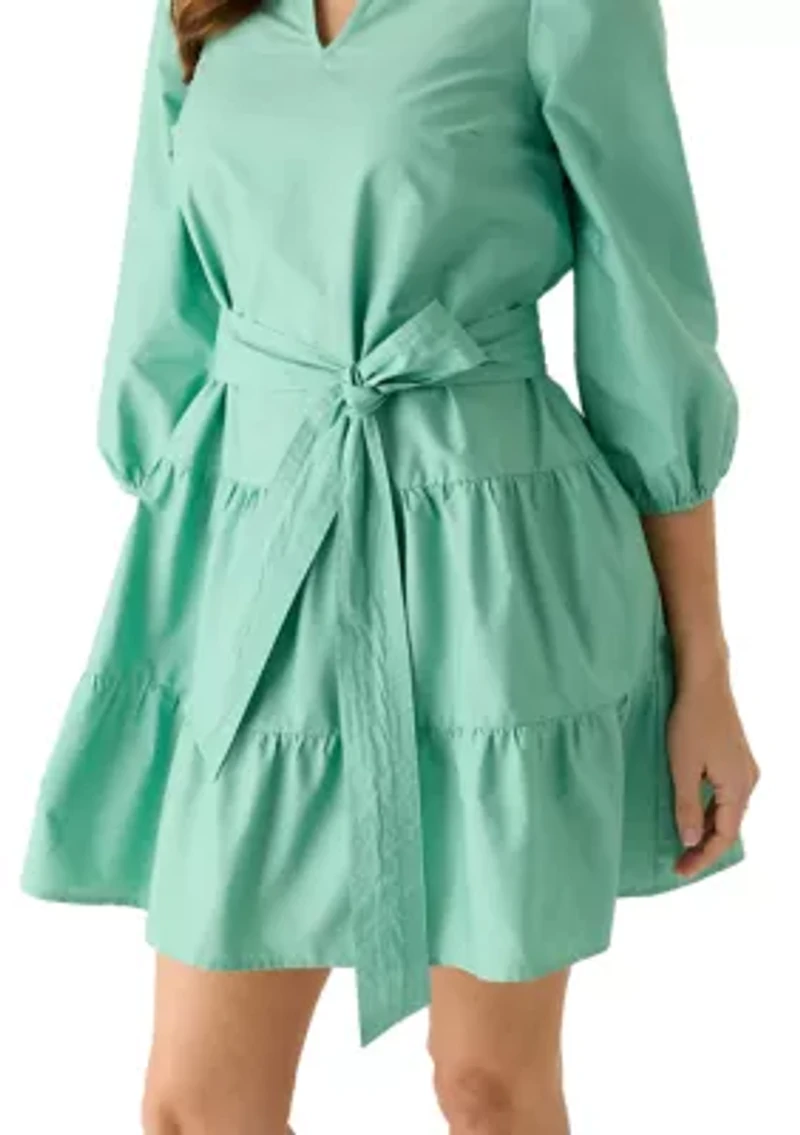 Women's 3/4 Sleeve Belted Peasant Dress