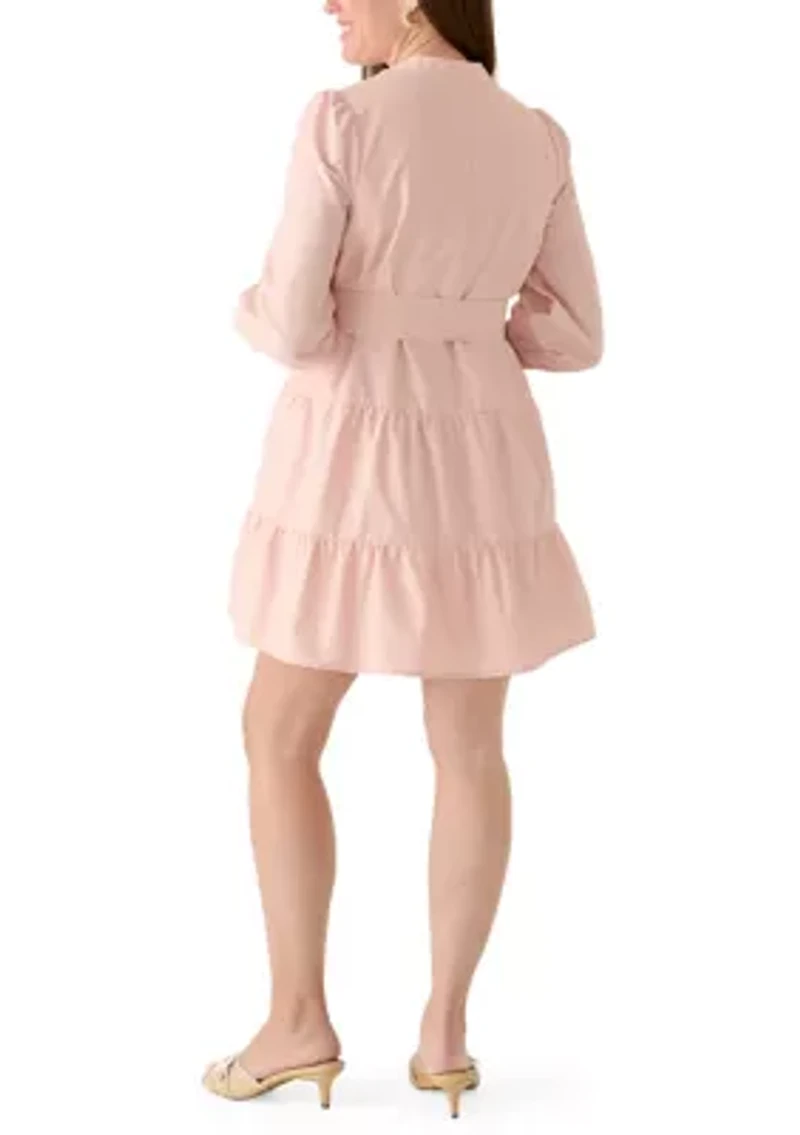 Petite 3/4 Sleeve Belted Peasant Mini Dress