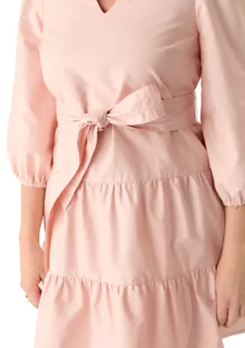 Petite 3/4 Sleeve Belted Peasant Mini Dress