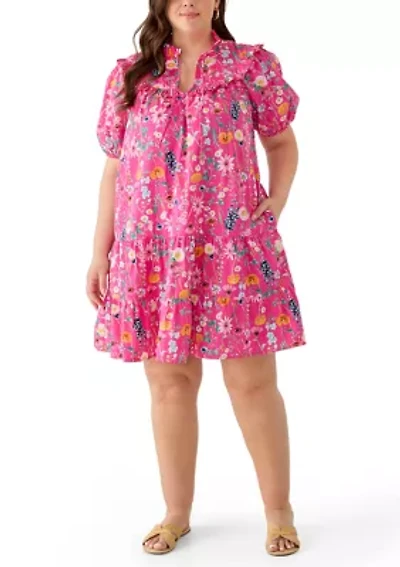 Plus Short Sleeve Ruff Yoke Dress