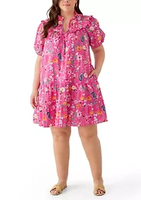 Plus Short Sleeve Ruff Yoke Dress