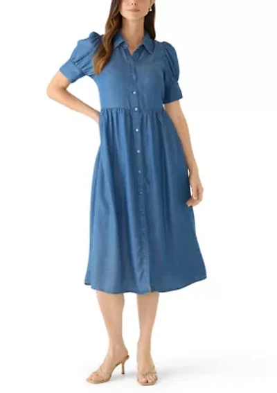 Women's Short Puff Sleeve Button Front Midi Dress