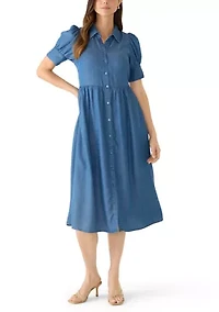 Women's Short Puff Sleeve Button Front Midi Dress