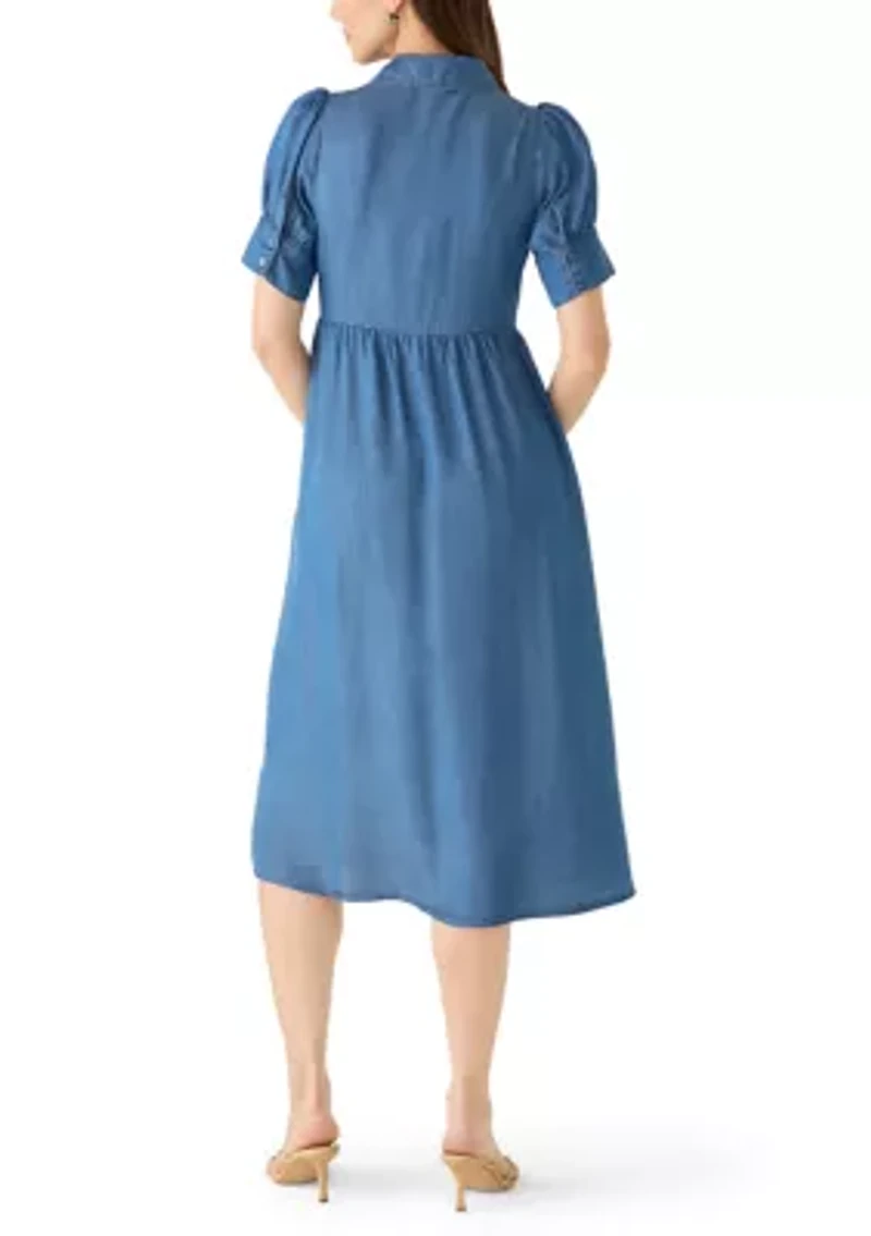 Women's Short Puff Sleeve Button Front Midi Dress