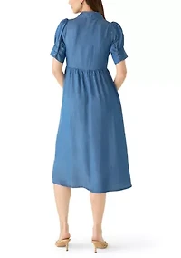 Women's Short Puff Sleeve Button Front Midi Dress