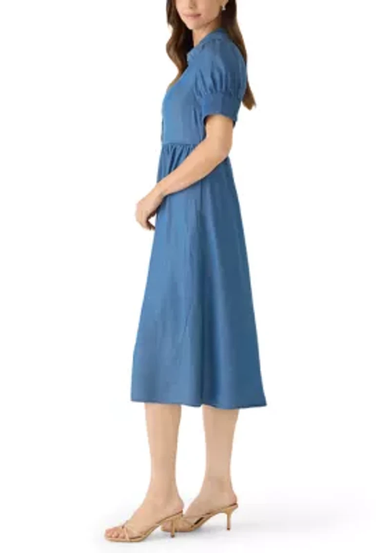 Women's Short Puff Sleeve Button Front Midi Dress