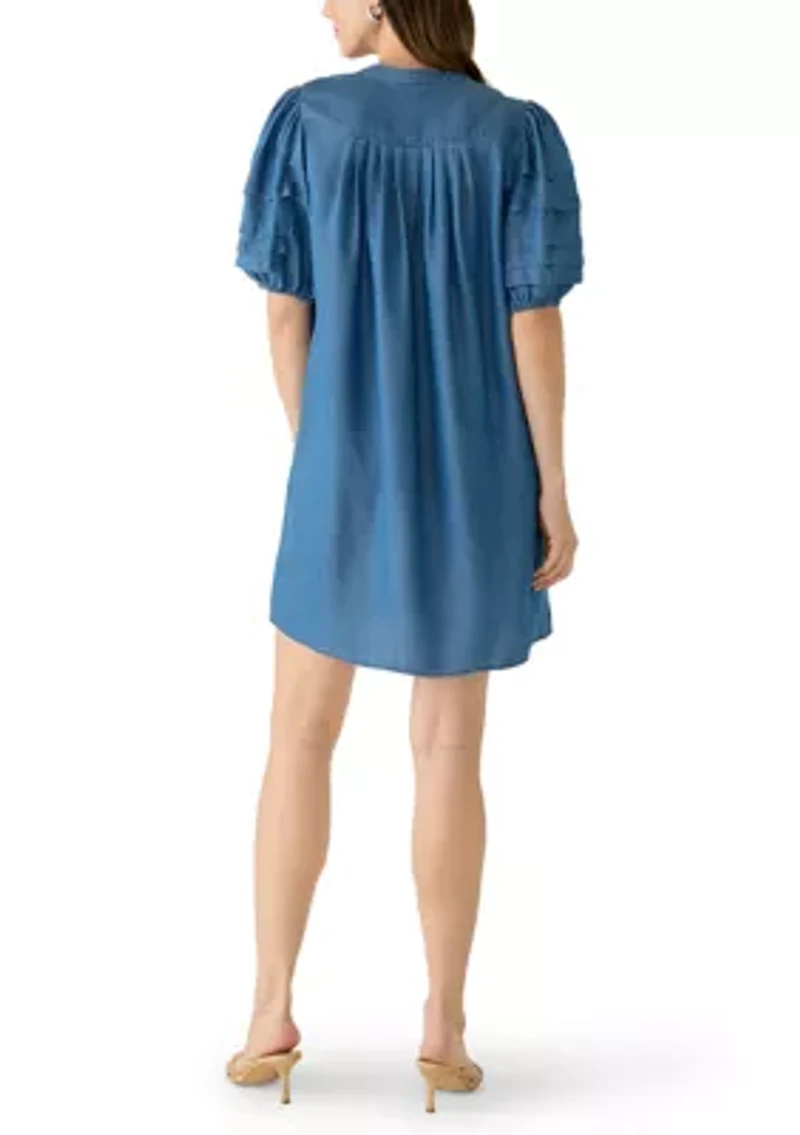 Women's Elbow Puff Sleeve Pintuck Dress