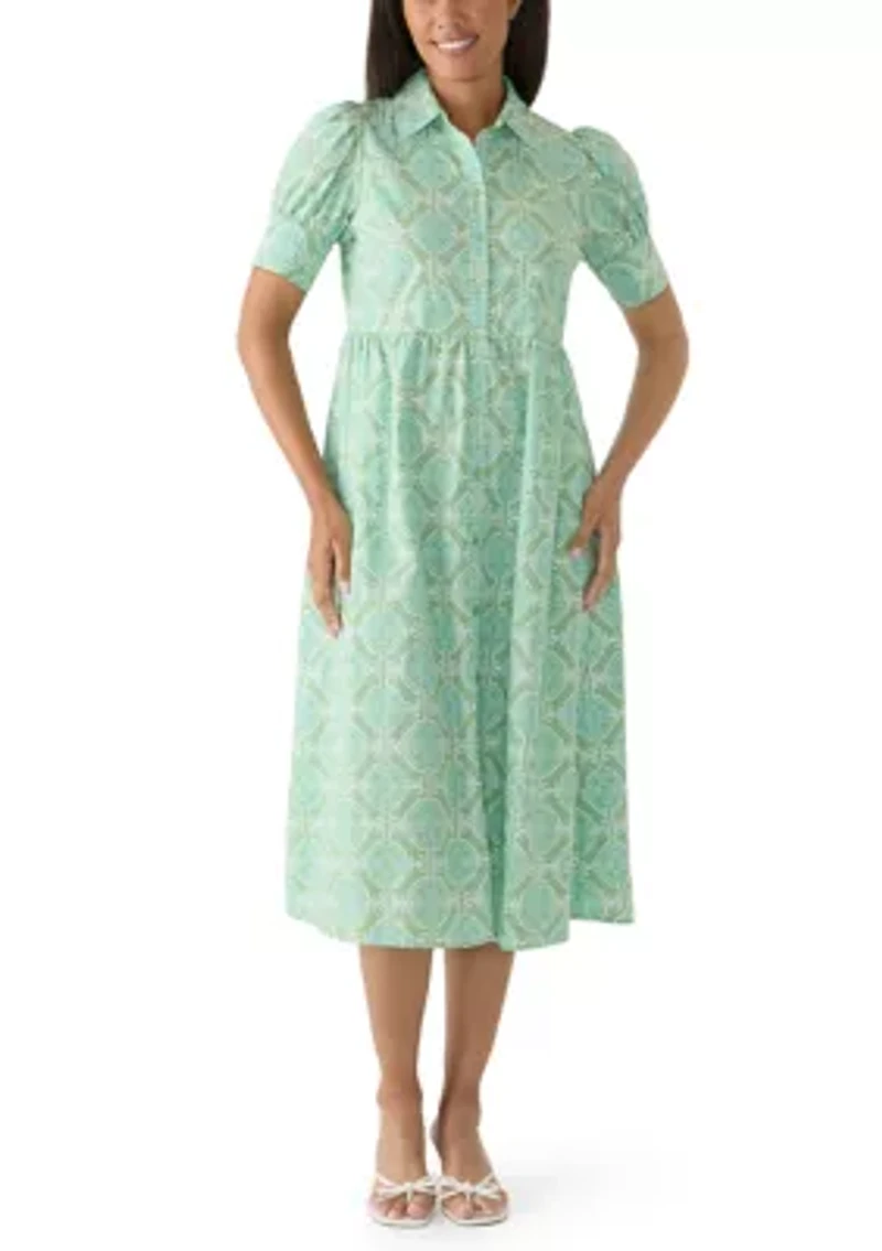 Women's Puff Sleeve Button Front Midi Dress