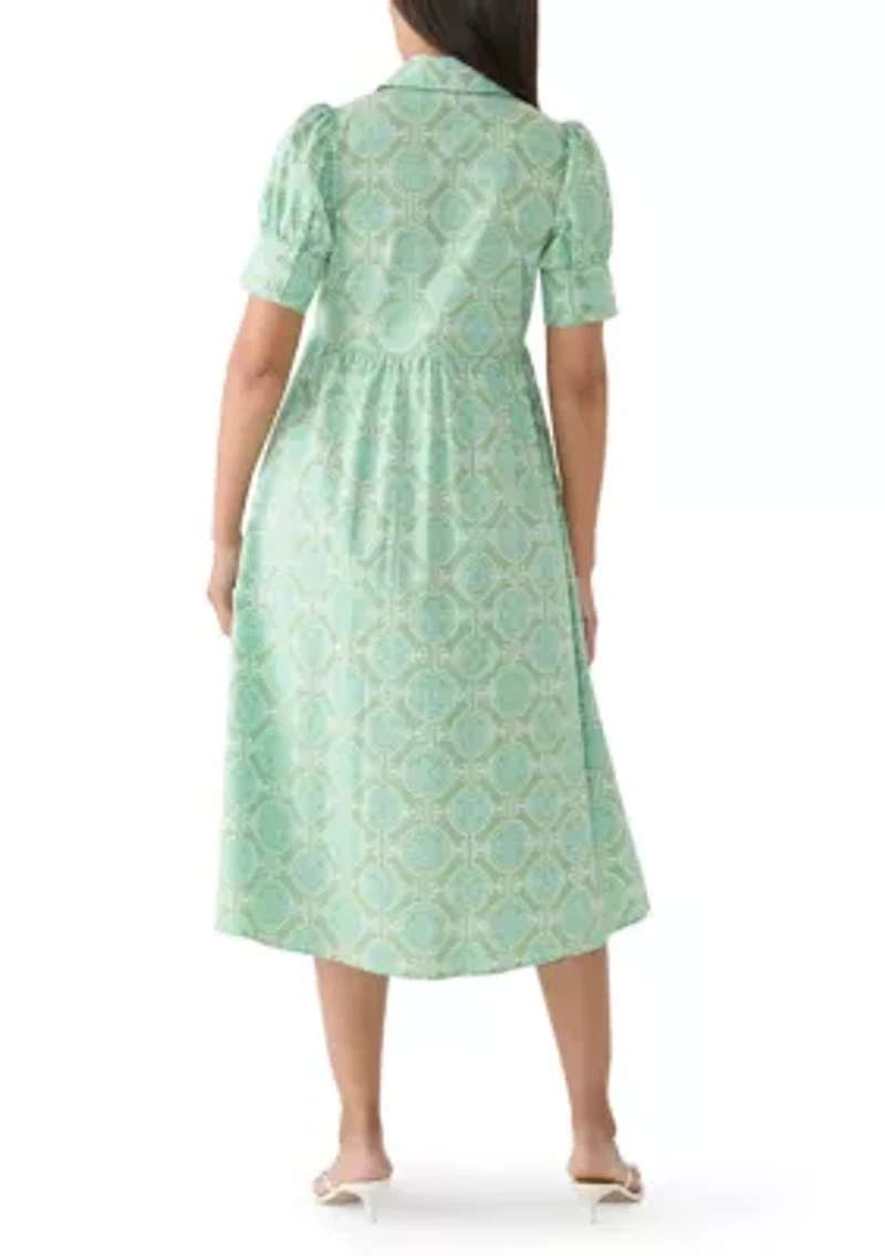 Women's Puff Sleeve Button Front Midi Dress