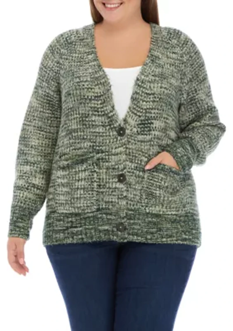 Plus Long Sleeve Space Dye V-Neck Cardigan