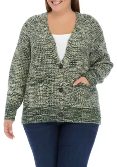 Plus Long Sleeve Space Dye V-Neck Cardigan
