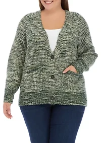 Plus Long Sleeve Space Dye V-Neck Cardigan
