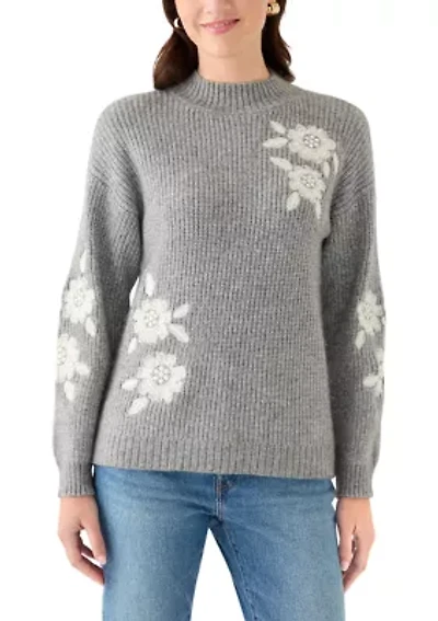 Women's Mock Neck Embroidered Sweater
