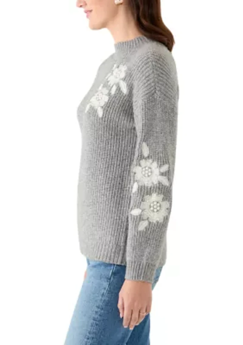 Women's Mock Neck Embroidered Sweater