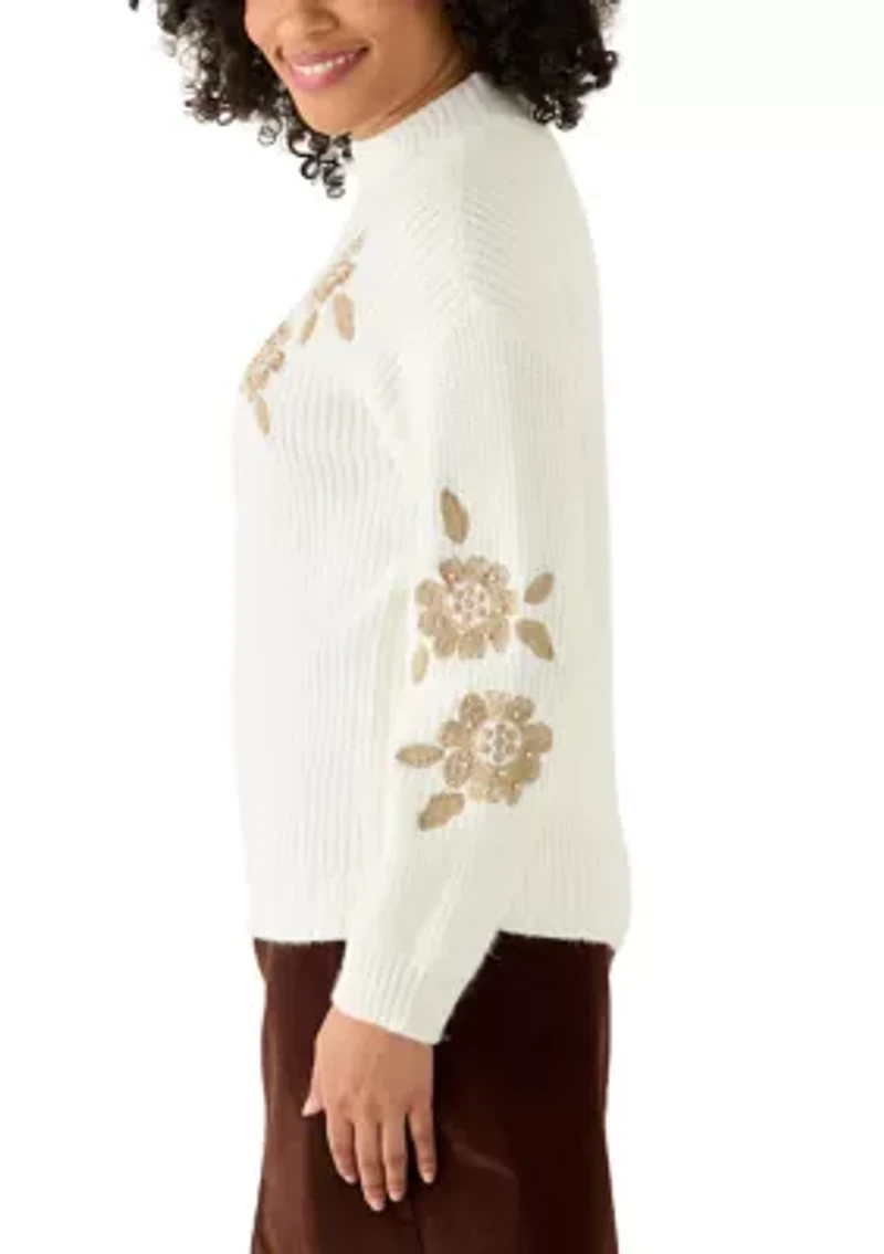 Women's Mock Neck Embroidered Sweater