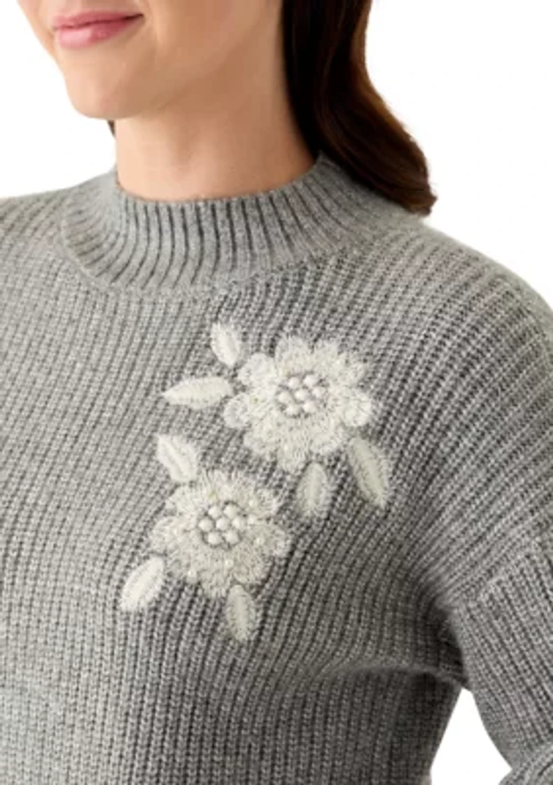 Women's Mock Neck Embroidered Sweater