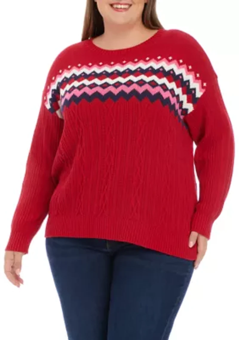 Plus Cable Knit Intarsia Pullover