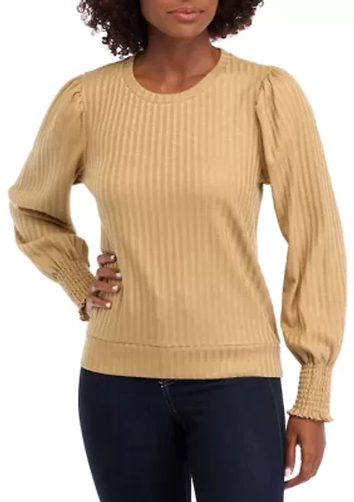 Women's Long Sleeve Smocked Cuff Ribbed Top