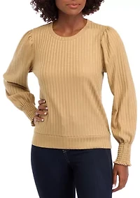 Women's Long Sleeve Smocked Cuff Ribbed Top
