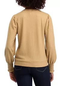 Women's Long Sleeve Smocked Cuff Ribbed Top