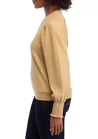 Women's Long Sleeve Smocked Cuff Ribbed Top