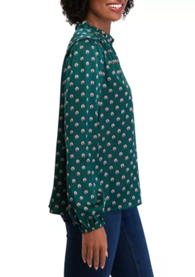 Women's Ruffle Split Neck Printed Blouse