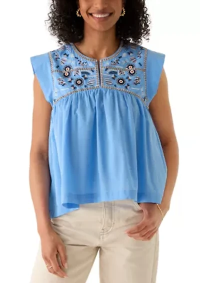 Women's Cap Sleeve Embroidered Yoke Top