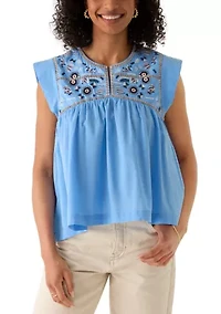 Women's Cap Sleeve Embroidered Yoke Top
