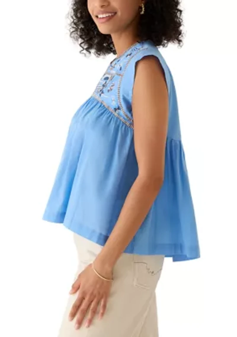 Women's Cap Sleeve Embroidered Yoke Top