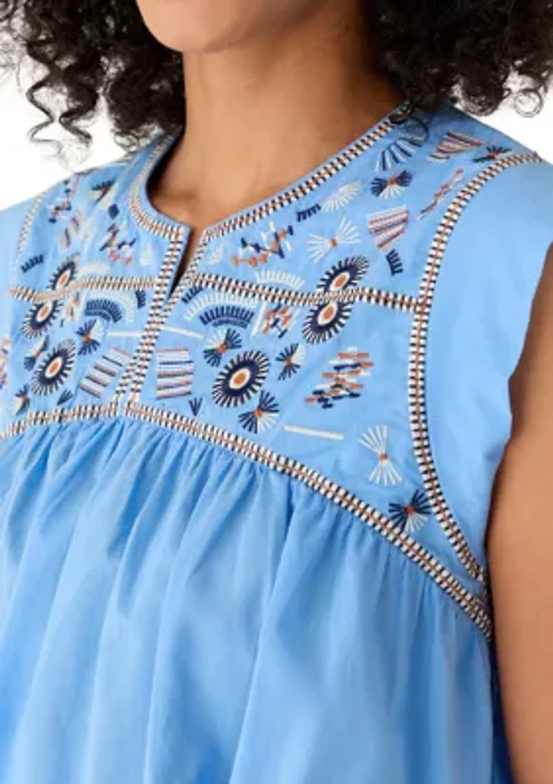 Women's Cap Sleeve Embroidered Yoke Top