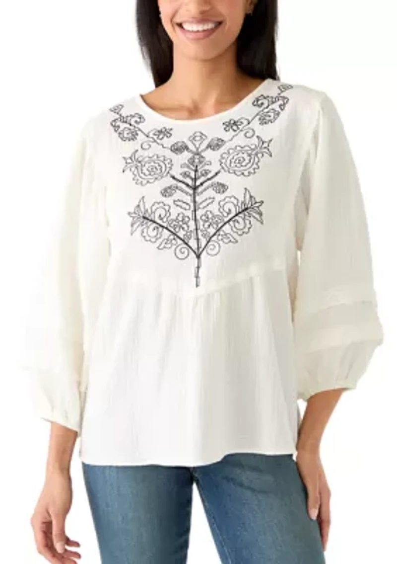 Women's 3/4 Sleeve Gauze Embroidered Bib Top