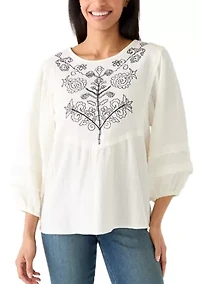 Women's 3/4 Sleeve Gauze Embroidered Bib Top